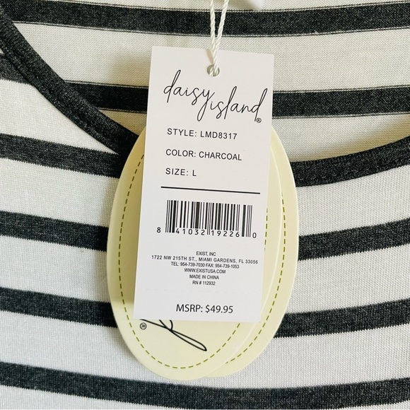 New Daisy island maxi t shirt dress L gray black white striped stretch casual - Picture 4 of 12